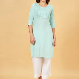 RANGMANCH BY PANTALOONS Women Geometric Embellished Flared Sleeves Chikankari Kurta-image-77
