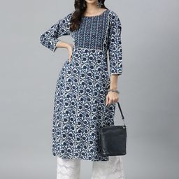 Stylum Women Navy Blue Geometric Printed Thread Work Indigo Kurta-picture-10