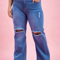 Purple Feather Women Plus Size Wide Leg High-Rise Slash Knee Light Fade Stretchable Jeans-picture-12