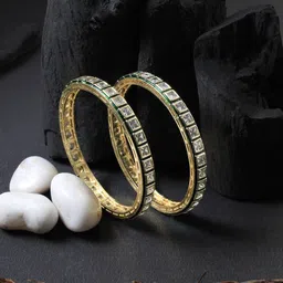 Adwitiya Collection Set Of 2 Gold-Plated Green & White Kundan-Studded Bangles-picture-15