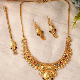 Silvermerc Designs Women Gold-Plated Maroon Red & Blue Stone-Studded & Beaded Temple Jewellery Set-picture-38