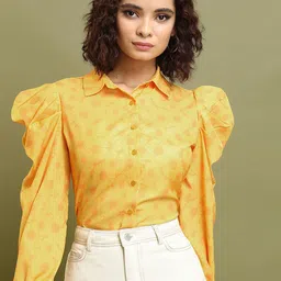 Tokyo Talkies Yellow Floral Printed Puff Sleeve Shirt Style Top image 1