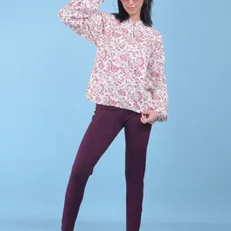 Crimsoune Club Floral Print Cotton Mandarin Collar Puff Sleeves Shirt Style Casual Top-image-86