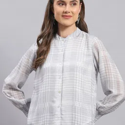 Monte Carlo Checked Mandarin Collar Shirt Style Top-picture-31