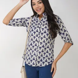 KALINI Ethnic Motifs Print Mandarin Collar Cotton Shirt Style Top-picture-38
