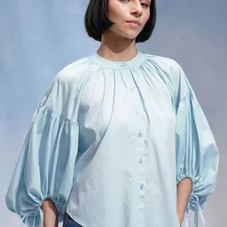 CHIC BY TOKYO TALKIES Mandarin Collar Cotton Shirt Style Top-image-14