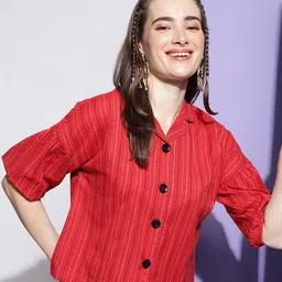 DressBerry Red Striped Puff Sleeve Cotton Shirt Style Top-picture-27