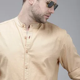 Roadster Men Beige Solid Mandarin Collar Pure Cotton Sustainable Casual Shirt-picture-13