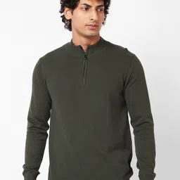 SPYKAR Striped Self Design Mock Collar Half Zipper Ribbed Cotton Pullover Sweater image 1