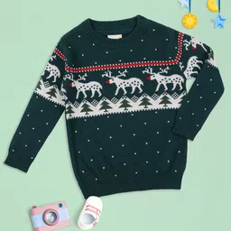MeeMee Kids Green & White Printed Wool Round Neck Pullover-picture-23