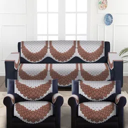 SOKNACK White & Brown Floral Printed 5-Seater Velvet Sofa Covers With Arm Rest-picture-32