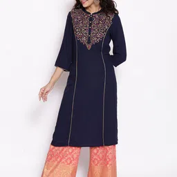 AURELIA Women Navy Blue & Gold-Toned Ethnic Motifs Yoke Design Thread Work Kurta-picture-25
