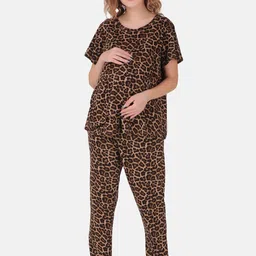Masha Women Brown Leopard Printed Pure Cotton Maternity Night Suit-picture-37