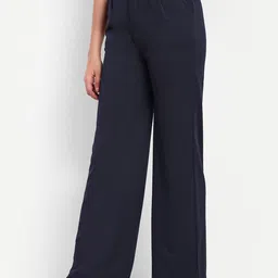 BROADSTAR Women Navy Blue Smart Loose Fit High-Rise Easy Wash Cotton Parallel Trousers-picture-30