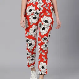 Oxolloxo Women Red Floral Printed Easy Wash Trousers-picture-23