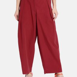 GRASS by Gitika Goyal Women Maroon Pleated Parallel Trousers-picture-0