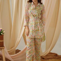 Ishin Printed Shirt Collar Pure Cotton Tunic With Trousers-picture-4