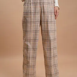 Tokyo Talkies Women Beige Checked Flared Trousers-picture-0