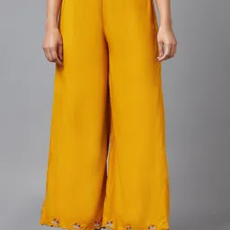 W Women Yellow Solid Regular Fit Trousers With Embroidered Detail-picture-24