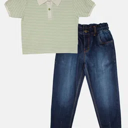 KiddoPanti Girls Striped Polo Collar Pure Cotton T-shirt with Trousers-picture-32