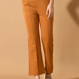 DressBerry Women Mustard Yellow Comfort Flared Lycra Wrinkle Free Parallel Trouser-image-28