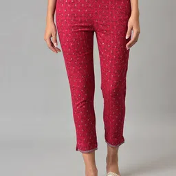 W Women Pink Ethnic Motifs Printed Slim Fit Trousers-picture-27