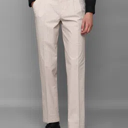Louis Philippe Men Cream-Coloured Checked Slim Fit Pleated Trousers-picture-32