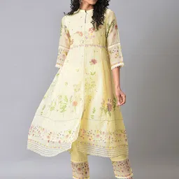 W Band Collar Floral Printed A-Line Kurta with Trousers image 1