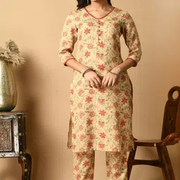 KALINI Floral Printed V-Neck Straight Kurta with Trousers-image-66