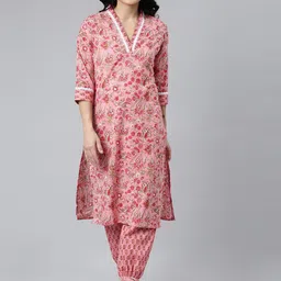 Samhitas V Neck Floral Printed Regular Pure Cotton Straight Kurta with Trousers-image-28