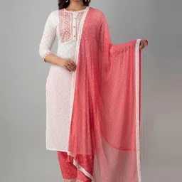 FASHION DEPTH Women White Ethnic Motifs Printed Thread Work Kurta with Trousers & With Dupatta-image-14