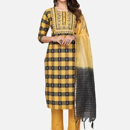Vbuyz Women Yellow & Black Embroidered Cotton Blend Kurti with Trousers & With Dupatta-picture-24