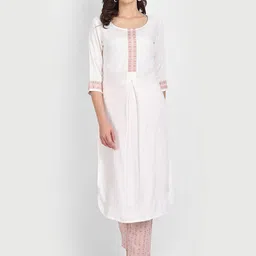 githaan Women White Yoke Design Pleated Patchwork Kurti with Trousers & With Dupatta-image-37