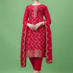 Seerat Ethnic Motifs Jacquard Kurti With Scaloping Dupatta & Trousers-image-5