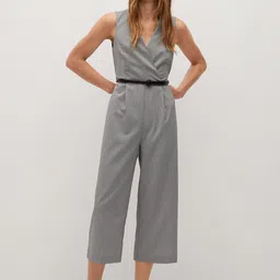 MANGO Women Grey & Black Self-Checked Cropped Basic Jumpsuit-image-99