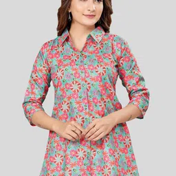 Saree Swarg Floral Printed Shirt  Collar A-Line Kurti-image-1