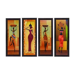eCraftIndia Set Of 4 Brown & Red Tribal Women Satin Matt Texture UV Wall Art-picture-25