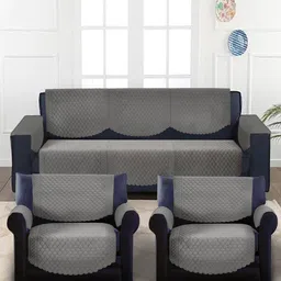 SOKNACK Grey Quilted 5-Seater Velvet Sofa Covers With Arm Rest Cover-image-31