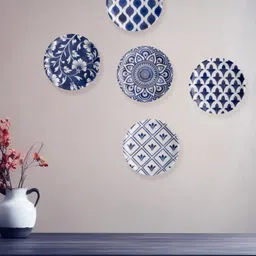 nestroots Mosaic  White & Blue 8 Pieces Printed Ceramic Hanging Wall Plate Decor-picture-34