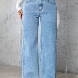 Glossia Women Comfort Straight Fit High-Rise Light Fade Acid Wash Stretchable Jeans-image-70