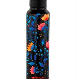 NIRLON Black Floral Printed Stainless Steel Single Wall Vacuum Water Bottle 1 L Each-picture-27