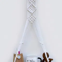 VAH Kya Bat Hai !! White Macrame Diamond Design Wooden Wall Hanging Shelf with Rope-picture-17