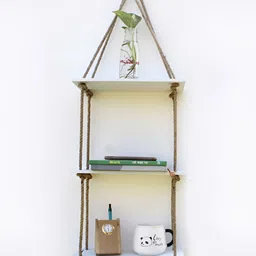 VAH Kya Bat Hai !! White & Brown 3 Layer Floating Wall Shelves With Jute Rope-picture-16