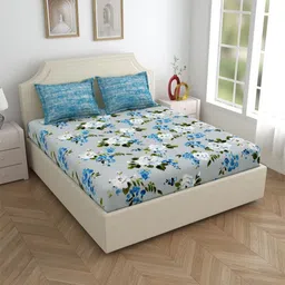 Salona Bichona Blue & White Floral Pure Cotton 120 TC King Bedsheet with 2 Pillow Covers-picture-29