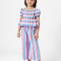 Nauti Nati Girls Striped Square Neck Puff Sleeves Pure Cotton Peplum Top with Trousers-picture-35