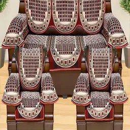 AZOTICA Maroon 12 Pieces Checked Cotton 5 Seater Sofa Covers With Arms-picture-40