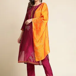 Sangria Round Neck Beads And Stones Kurta With Trouser & Dupatta-image-80