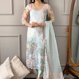 KALINI Floral Embroidered Sequinned Organza Kurta With Trousers & With Dupatta-picture-17