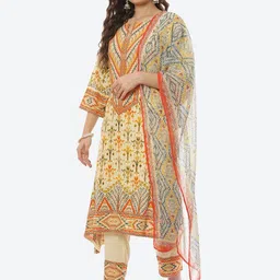 Biba Women Yellow Printed Kurta with Trousers & With Dupatta-picture-30