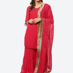 Rangriti Women Pink Embroidered Regular Kurta with Sharara & With Dupatta-picture-28